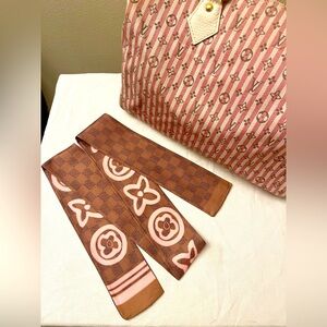 Designer Bandeau Silk Twilly Scarf in Pink Brown